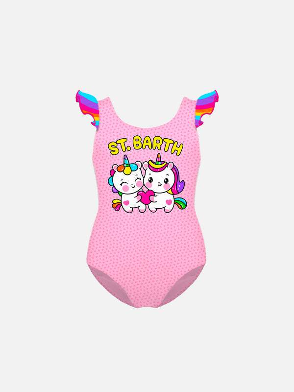 Girl ruffled one piece swimsuit with unicorn print