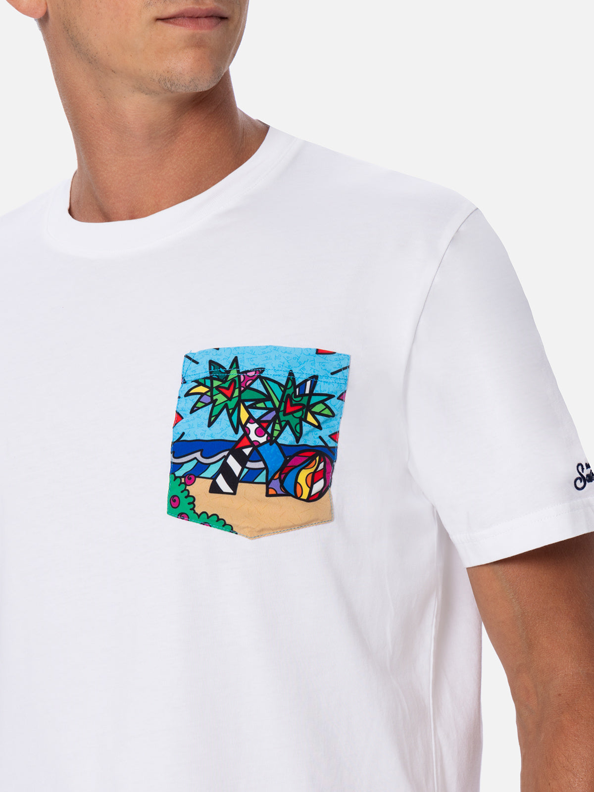 Man cotton t-shirt Blanche with Britto printed pocket | ©BRITTO SPECIAL EDITION