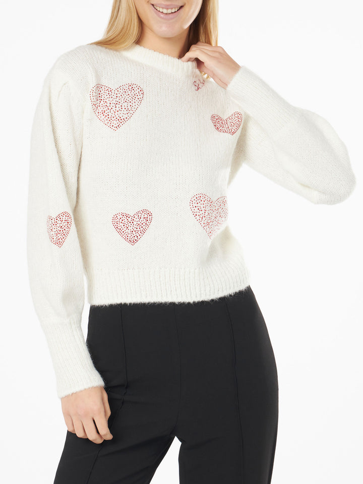 Woman brushed white sweater with rhinestones hearts - MC2 Saint Barth