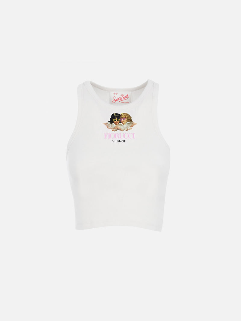 Girl white rib-knit cotton crop tank with Fiorucci print | FIORUCCI SPECIAL EDITION