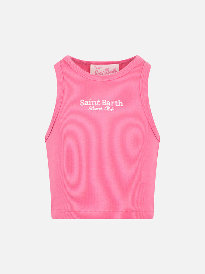 Mc2 Saint Barth Canotta crop da bambina in cotone lavorato a costine fucsia