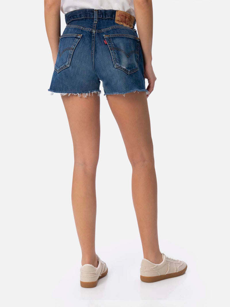 Woman upcycled denim shorts with rhinestones