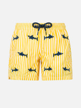 Boy seersucker swim-shorts Jean with sharks embroidery