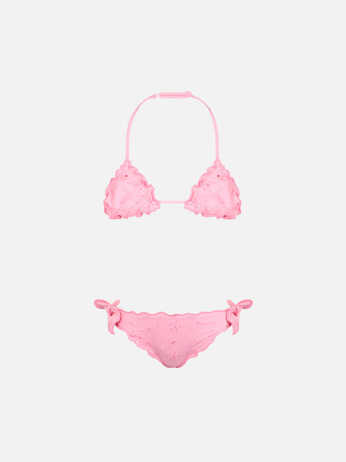 Mc2 Saint Barth Bikini classico a triangolo rosa Cris da bambina con ricamo Sangallo