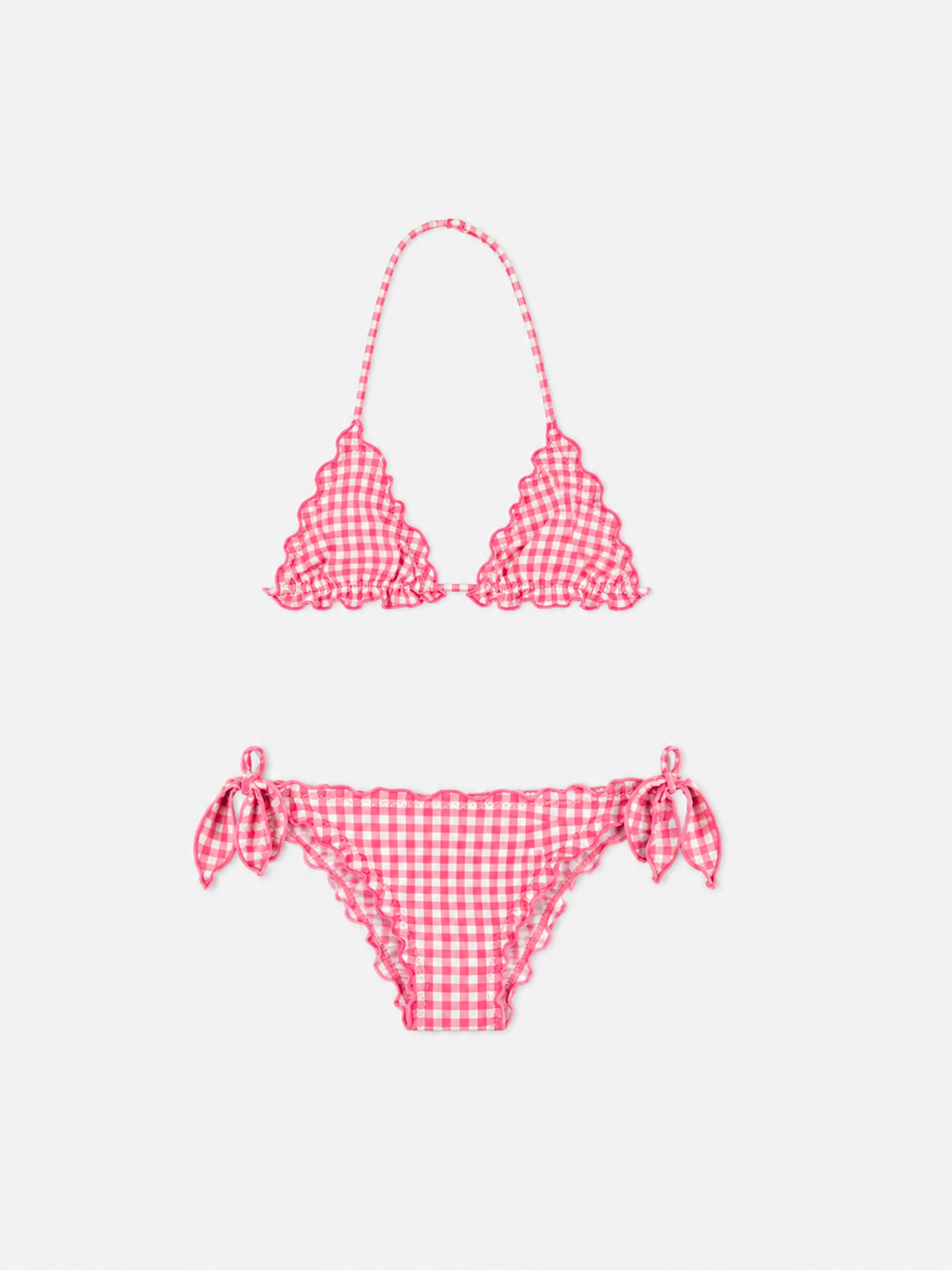 Bikini triangular para niña con estampado vichy rosa 