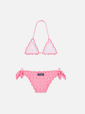 Bikini triangular para niña con estampado vichy rosa 