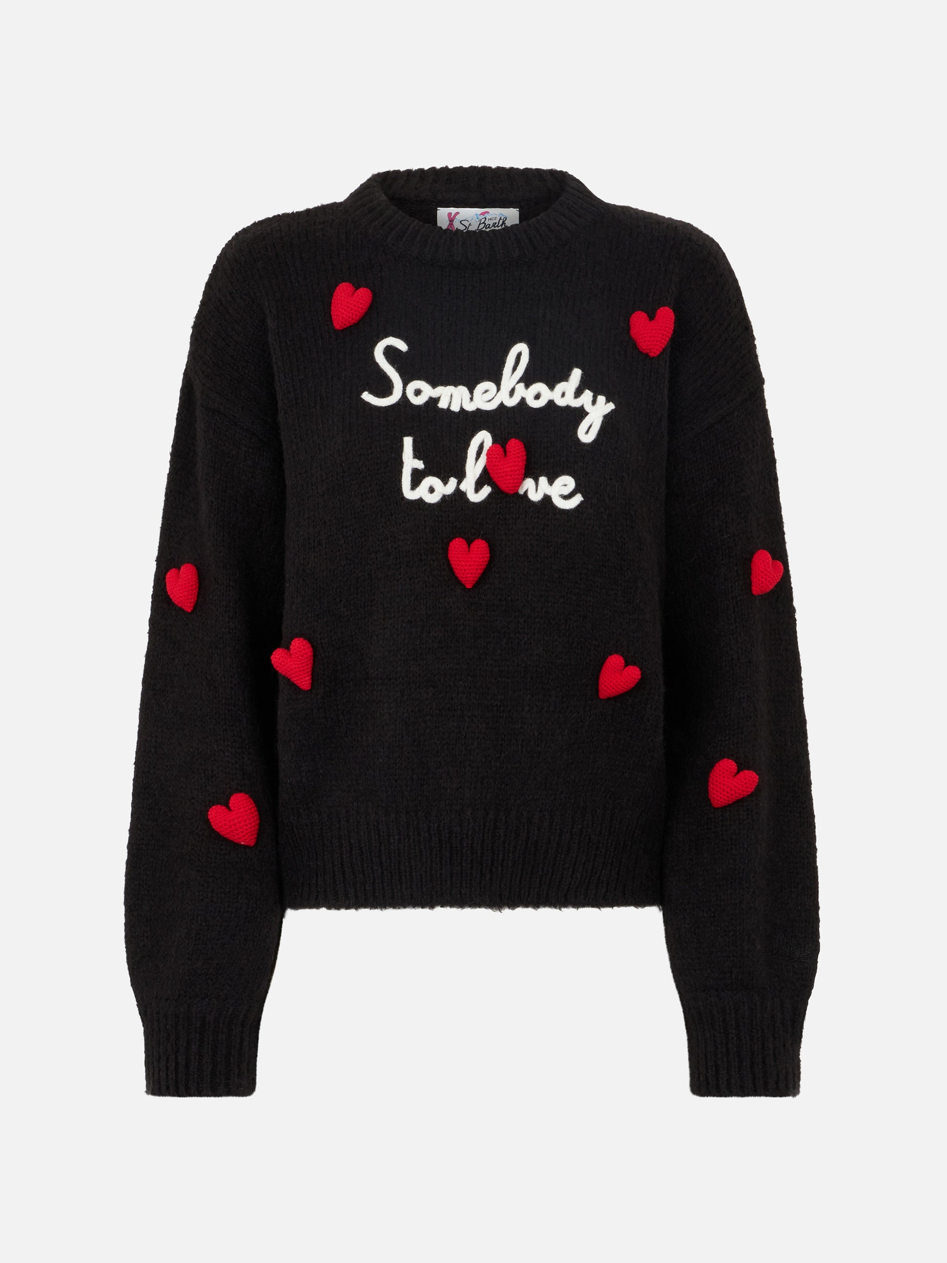 Woman boxy shape soft sweater with Somebody to Love embroidery and crochet hearts patch - MC2 Saint Barth
