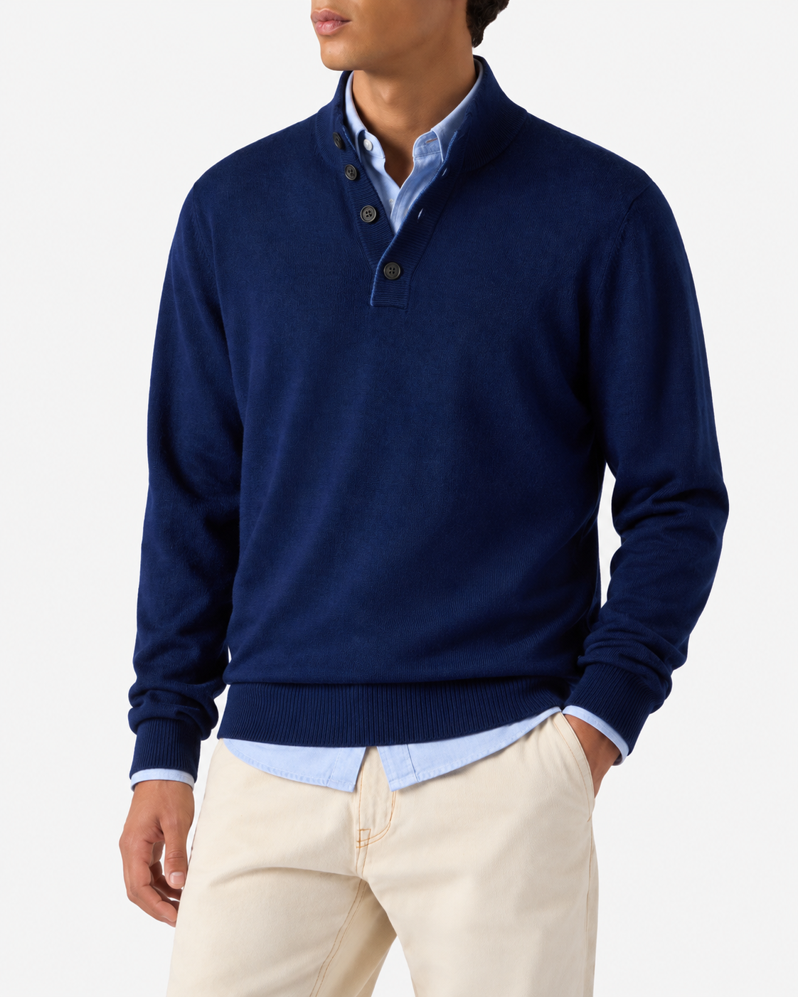 Pullover mit halbem Reißverschluss aus marineblauer Merinowolle und Kaschmir 