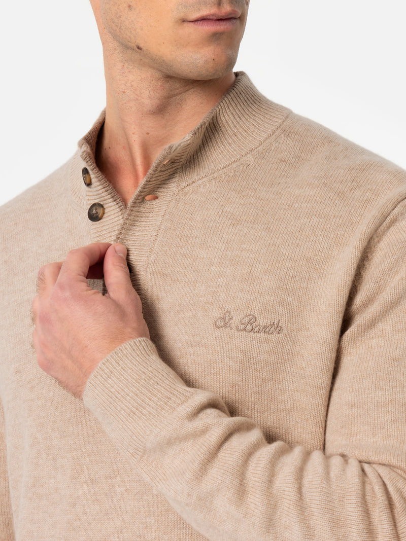 Maglione polo da uomo beige in misto cashmere Dorian