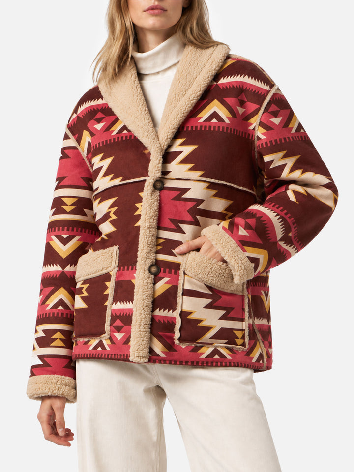 Manteau réversible en shearling Dorys beige avec motif ethnique 