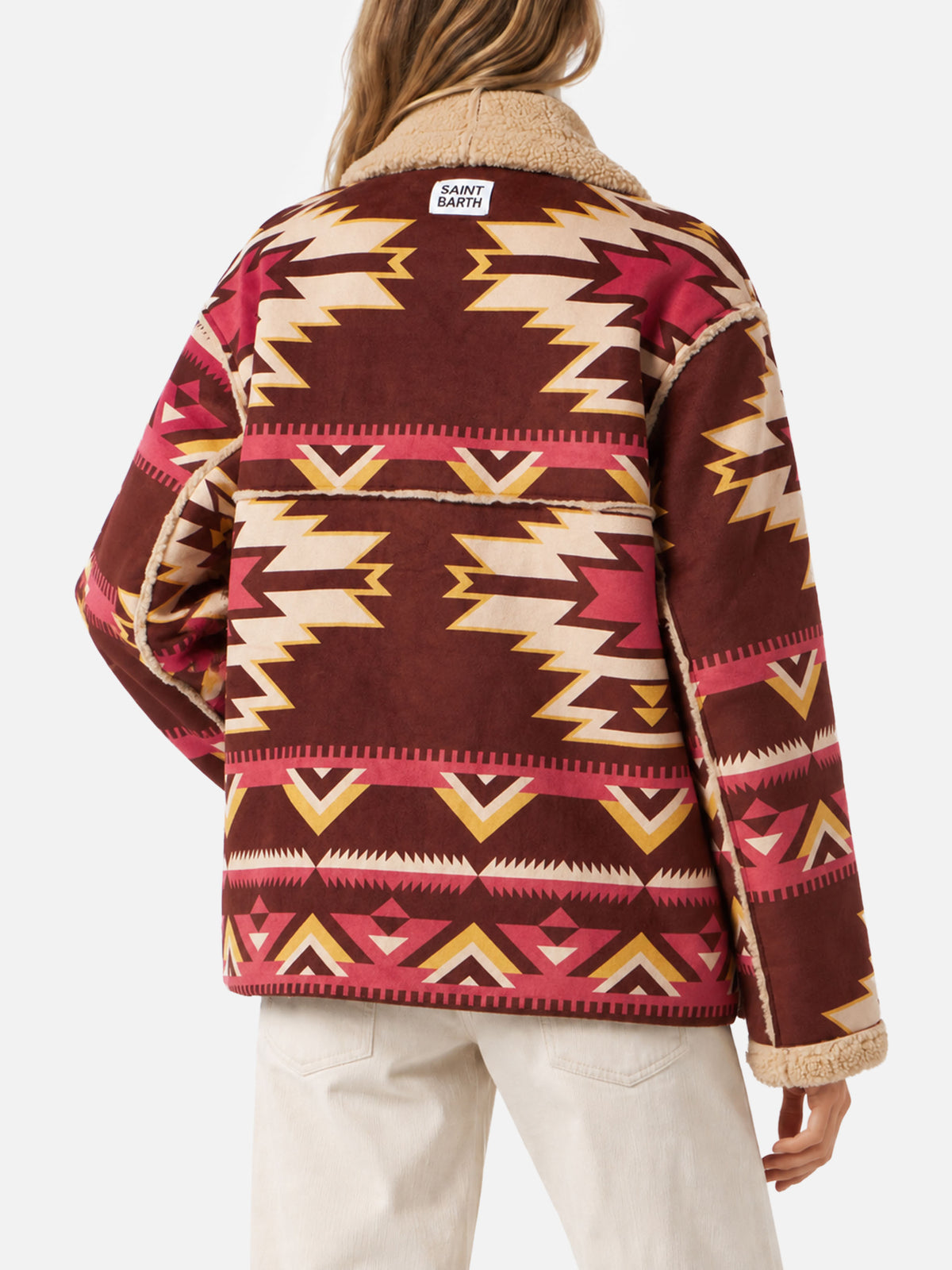 Abrigo reversible de shearling Dorys en beige con motivo étnico 