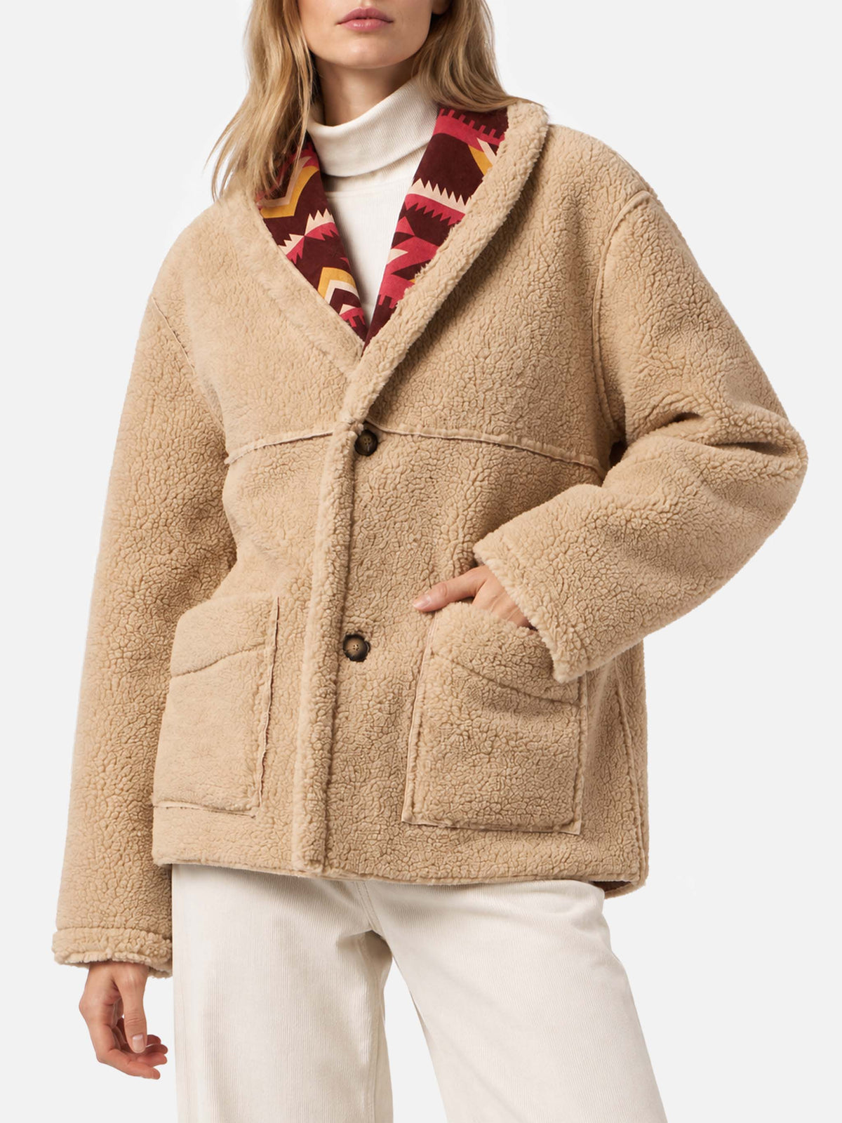 Abrigo reversible de shearling Dorys en beige con motivo étnico 