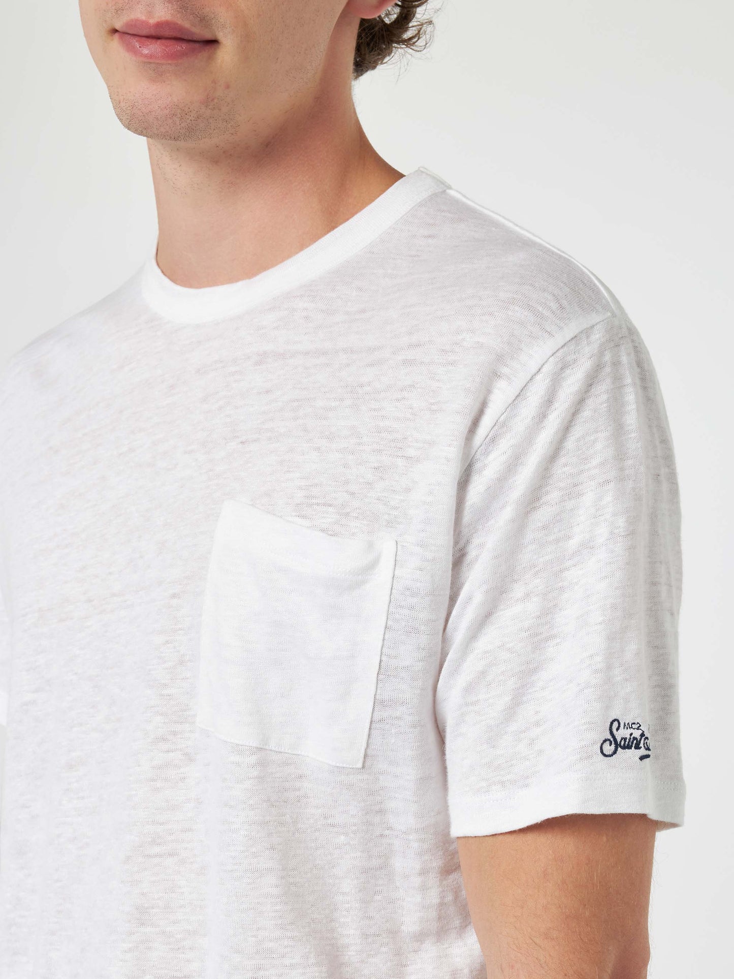 Man off-white linen jersey t-shirt Ecstasea with pocket - MC2 Saint Barth