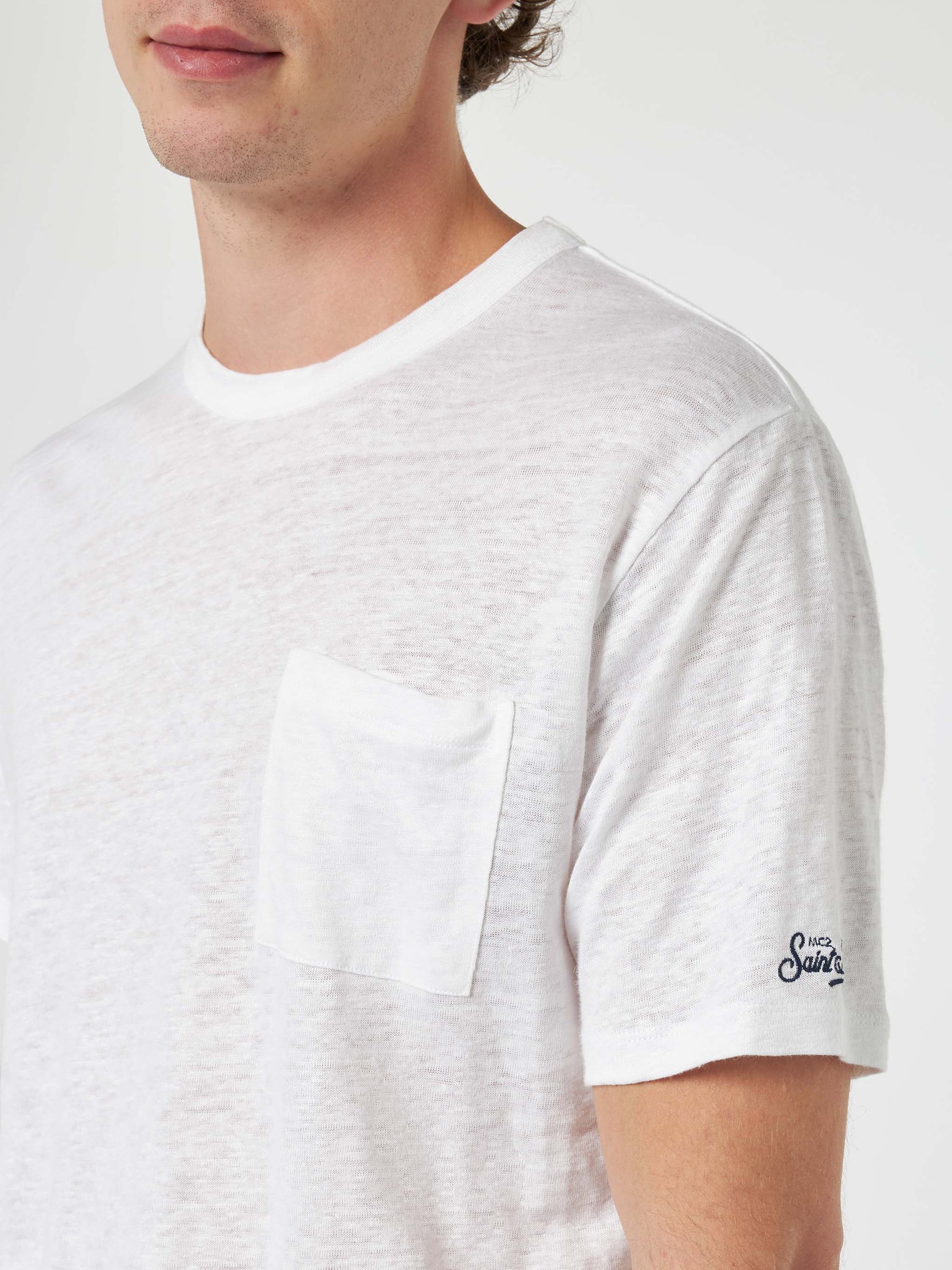 Man off-white linen jersey t-shirt Ecstasea with pocket - MC2 Saint Barth