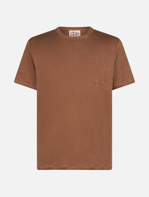 Braunes Herren-T-Shirt aus Leinenjersey Ecstasea mit Tasche