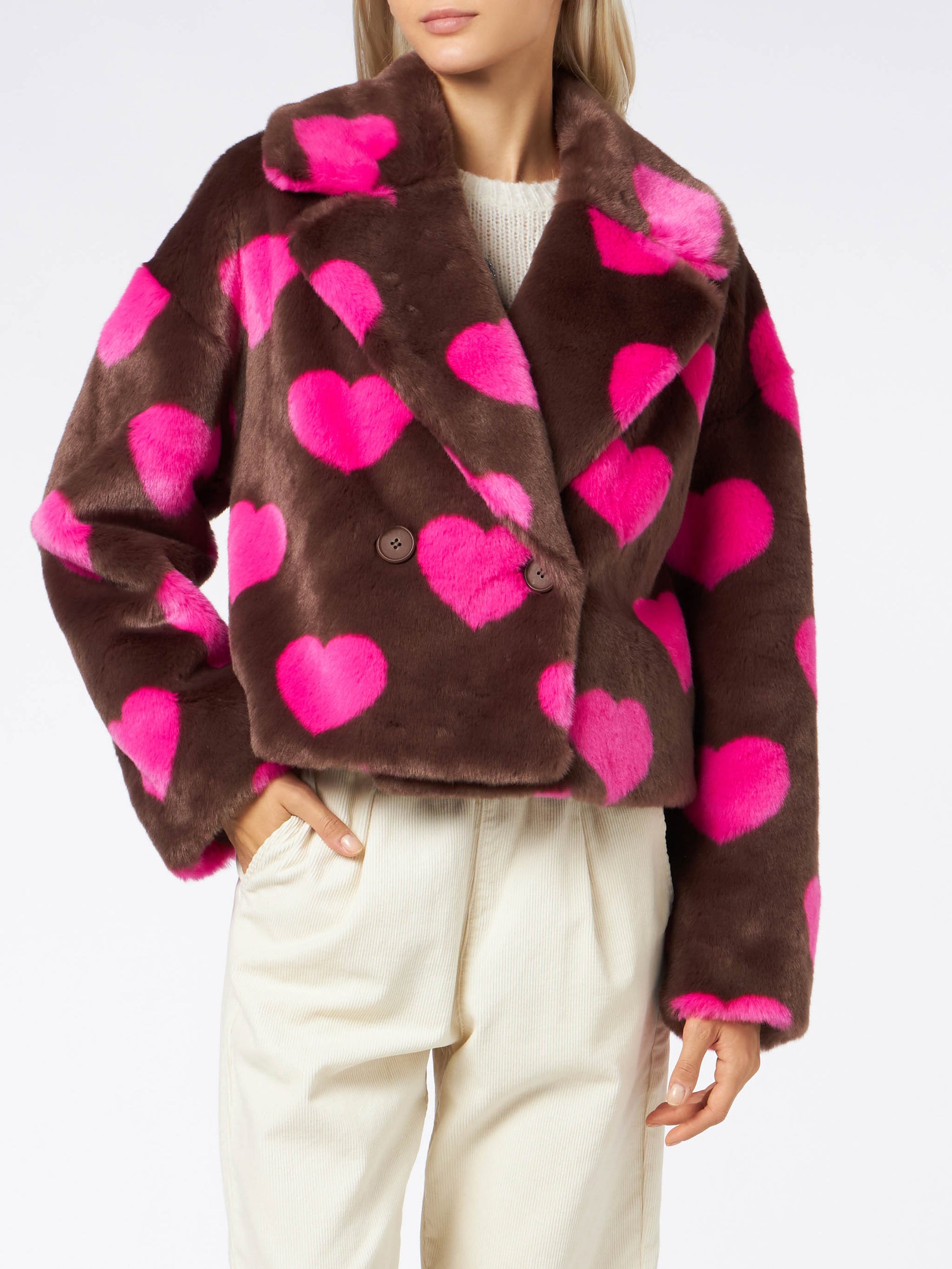Woman furry short jacket with heart print - MC2 Saint Barth