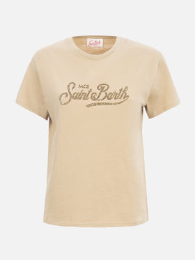 Woman cotton jersey crewneck t-shirt Emilie with Saint Barth rhinestones embroidery - MC2 Saint Barth
