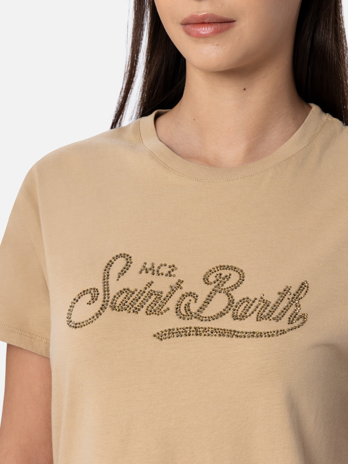 Woman cotton jersey crewneck t-shirt Emilie with Saint Barth rhinestones embroidery - MC2 Saint Barth