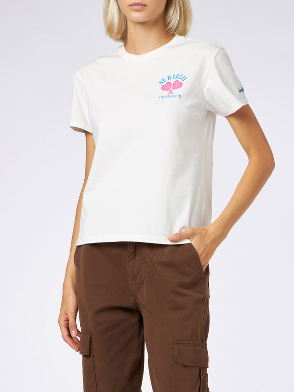 Damen-T-Shirt aus schwerer Baumwolle mit Aufdruck „St. Barth Padel Lover“.