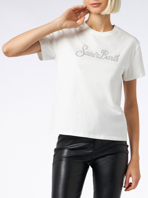T-shirt da donna in cotone pesante con stampa strass St. Barth