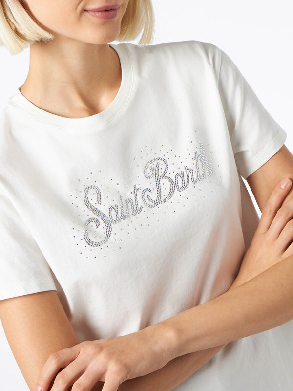 T-shirt da donna in cotone pesante con stampa strass St. Barth