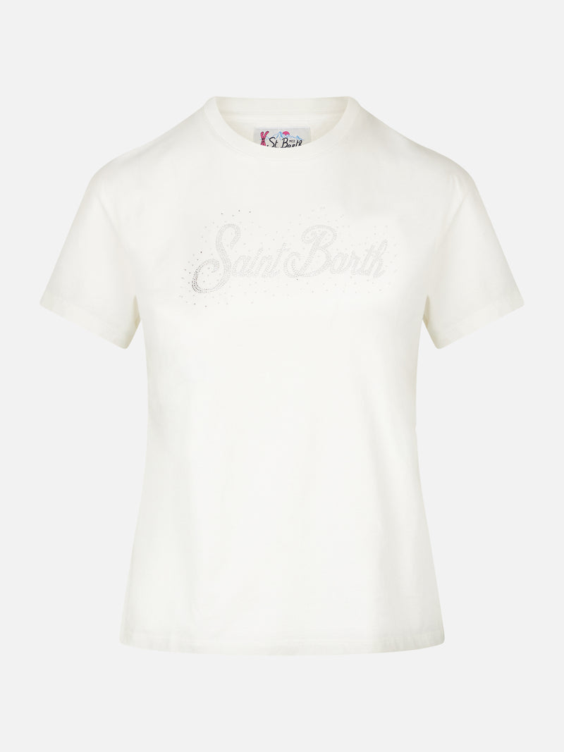 T-shirt da donna in cotone pesante con stampa strass St. Barth