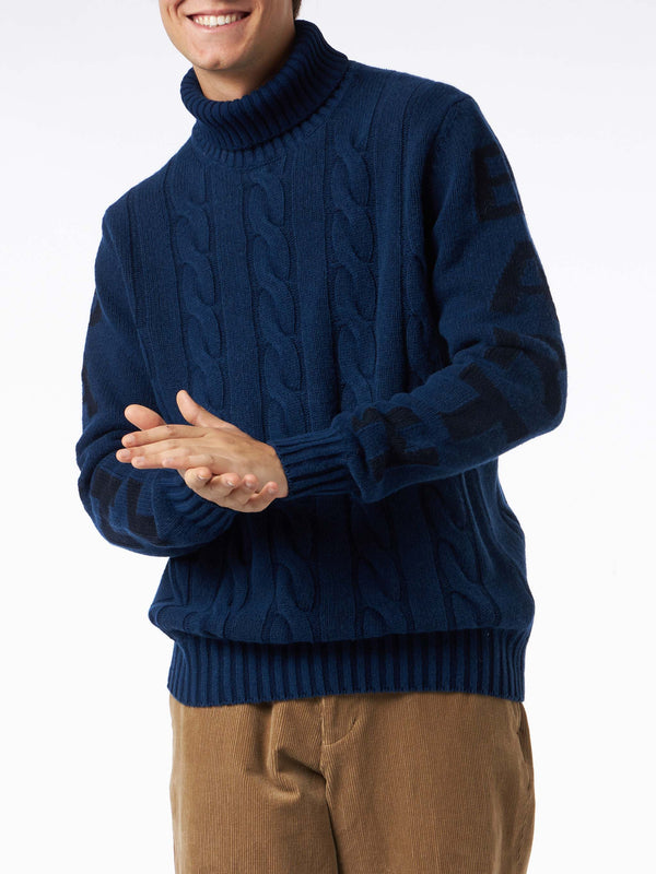 Man heavyweight turtleneck braided blue vintage sweater