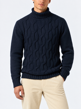 Fisherman-Pullover aus Kaschmir-Mix mit Zopfmuster in Navyblau 