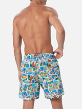 Man mid-length Gustavia swim-shorts with postcard mix print | ALESSANDRO ENRIQUEZ SPECIAL EDITION