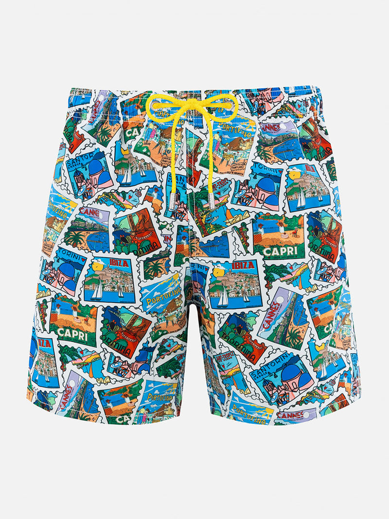 Man mid-length Gustavia swim-shorts with postcard mix print | ALESSANDRO ENRIQUEZ SPECIAL EDITION