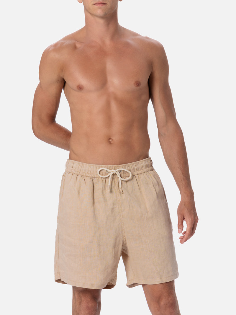 Man mid-length beige linen swim-shorts Gustavia