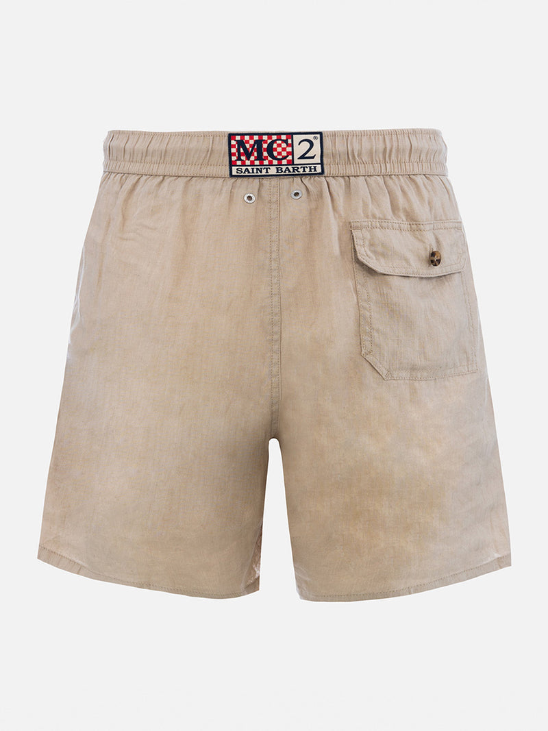 Mittellange Herren-Badeshorts aus beigem Leinen Gustavia