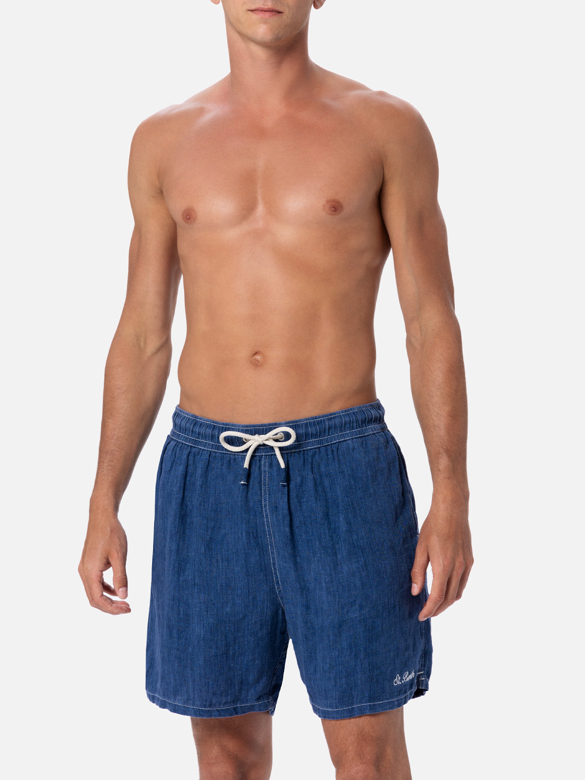 Man mid-length denim blue linen swim-shorts Gustavia - MC2 Saint Barth