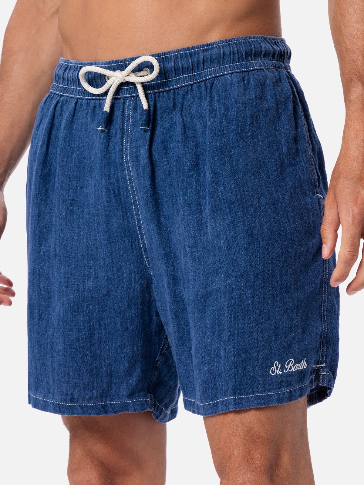Man mid-length denim blue linen swim-shorts Gustavia - MC2 Saint Barth
