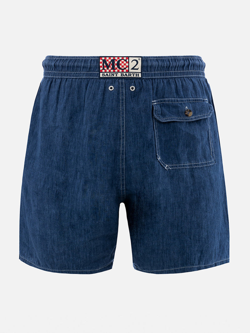 Man mid-length denim blue linen swim-shorts Gustavia