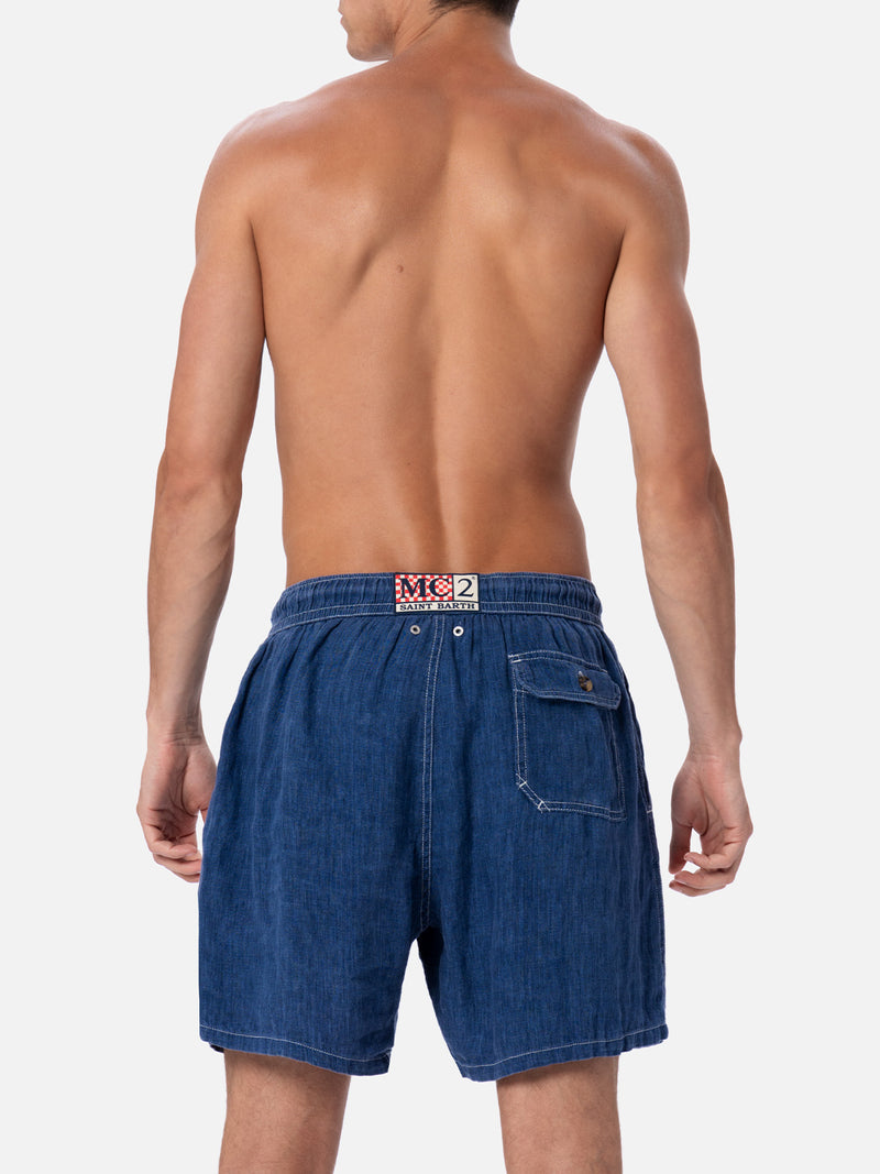 Mittellange Herren-Badeshorts aus Denim in Blau aus Leinen Gustavia