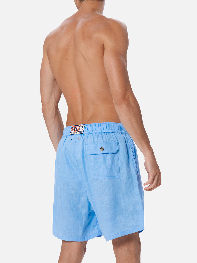 Mittellange Herren-Badeshorts aus himmelblauem Leinen Gustavia