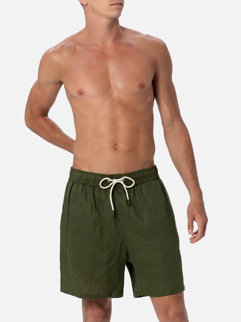 Costume da bagno da uomo medio lungo in lino verde militare Gustavia