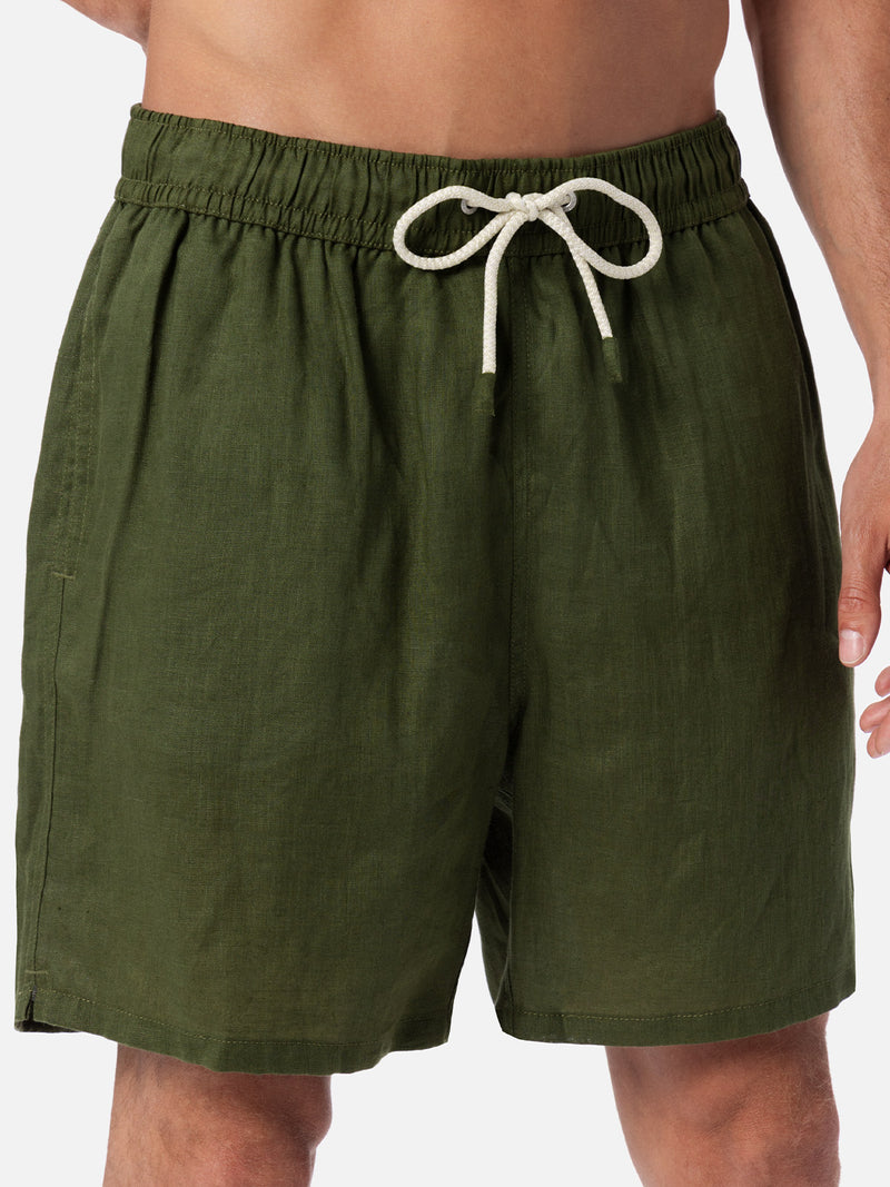 Costume da bagno da uomo medio lungo in lino verde militare Gustavia