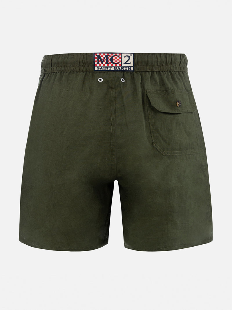 Costume da bagno da uomo medio lungo in lino verde militare Gustavia