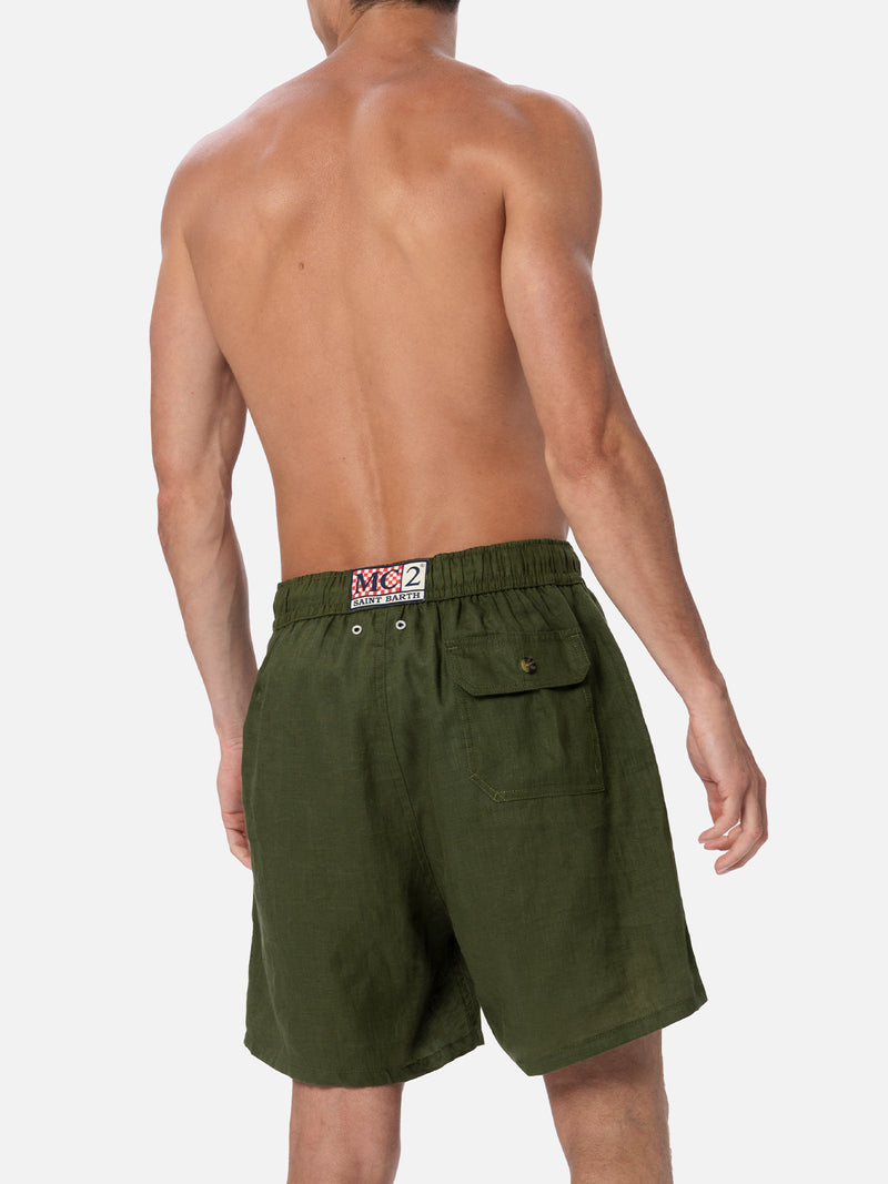 Costume da bagno da uomo medio lungo in lino verde militare Gustavia