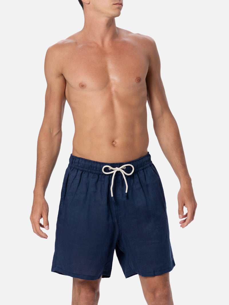 Costume da uomo medio lungo in lino blu navy Gustavia