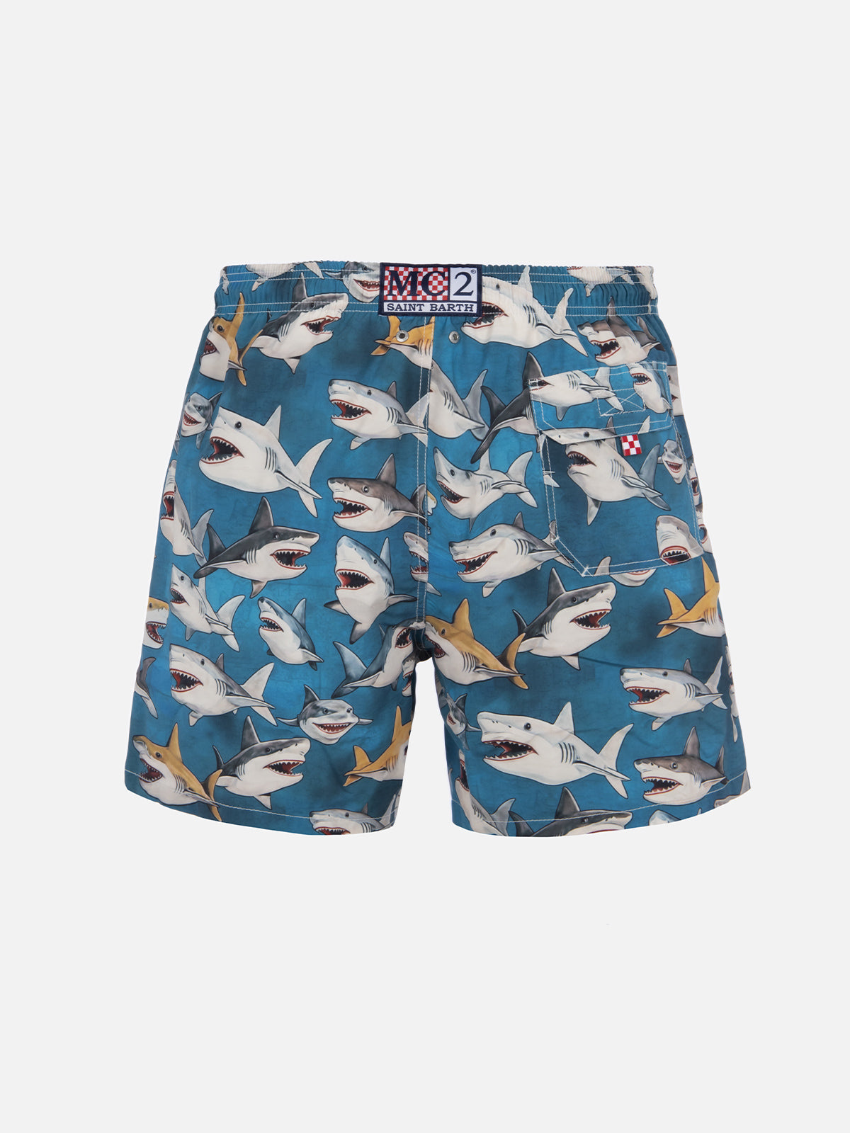 Man mid-length Gustavia swim-shorts with shark print | AI CO-CREATED DESIGN BY RICKDICK - POWERED BY RED-EYE - MC2 Saint Barth