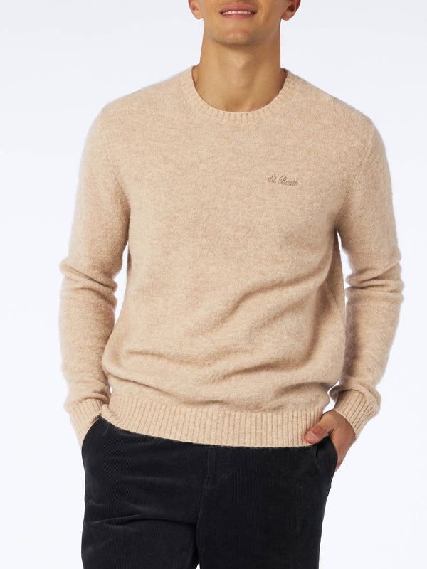 Man beige stretch wool sweater with St. Barth embroidery