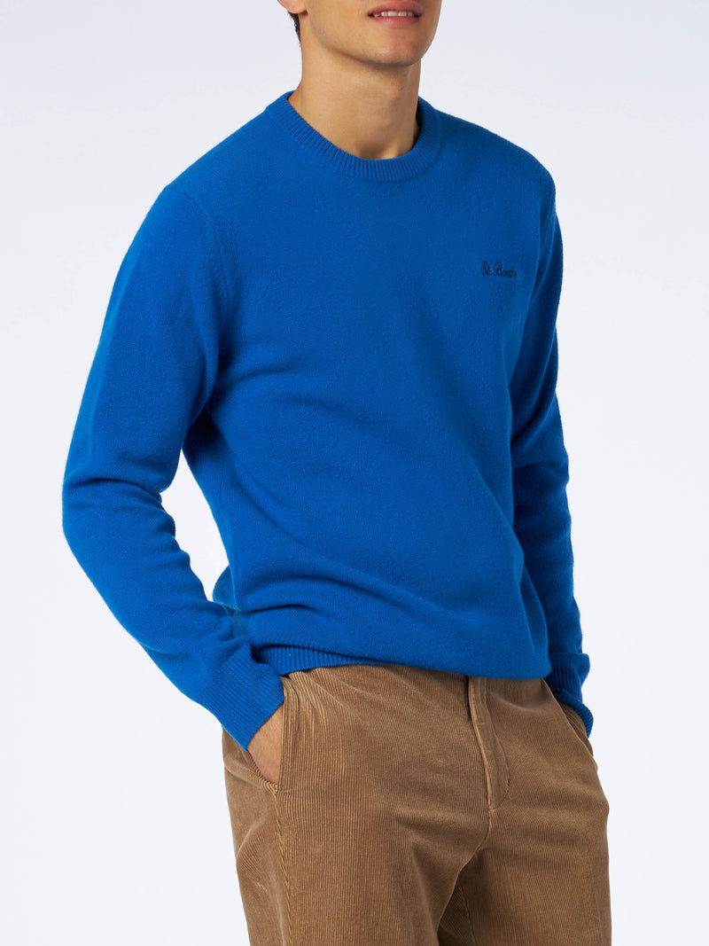 Maglione da uomo girocollo bluette con ricamo St. Barth