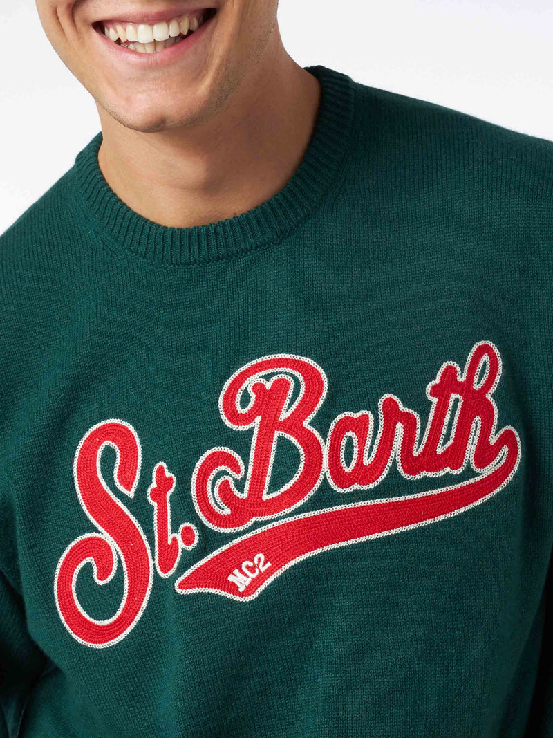 Man crewneck green sweater with St. Barth embroidery