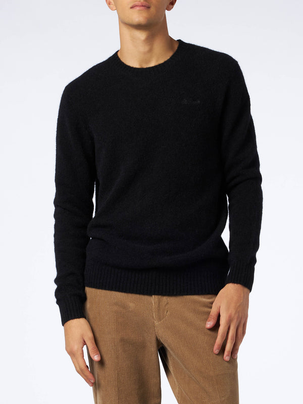 Man black stretch wool sweater with St. Barth embroidery