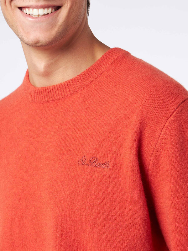 Man crewneck orange sweater with St. Barth embroidery