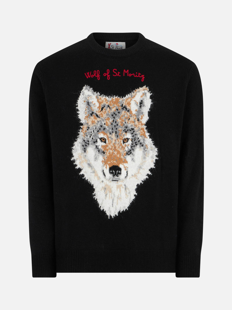 Herrenpullover mit Wolfsprint und Wolf von St.Moritz-Stickerei