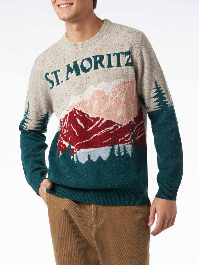 Maglia da uomo girocollo in donegal con stampa jacquard cartolina St. Moritz